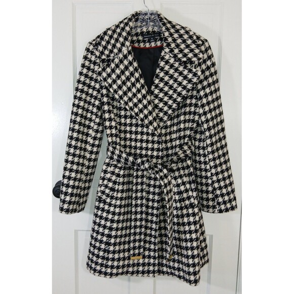 Preston & York Houndstooth Wool Blend Belted Wrap Coat Black White Size 8 - Picture 2 of 16